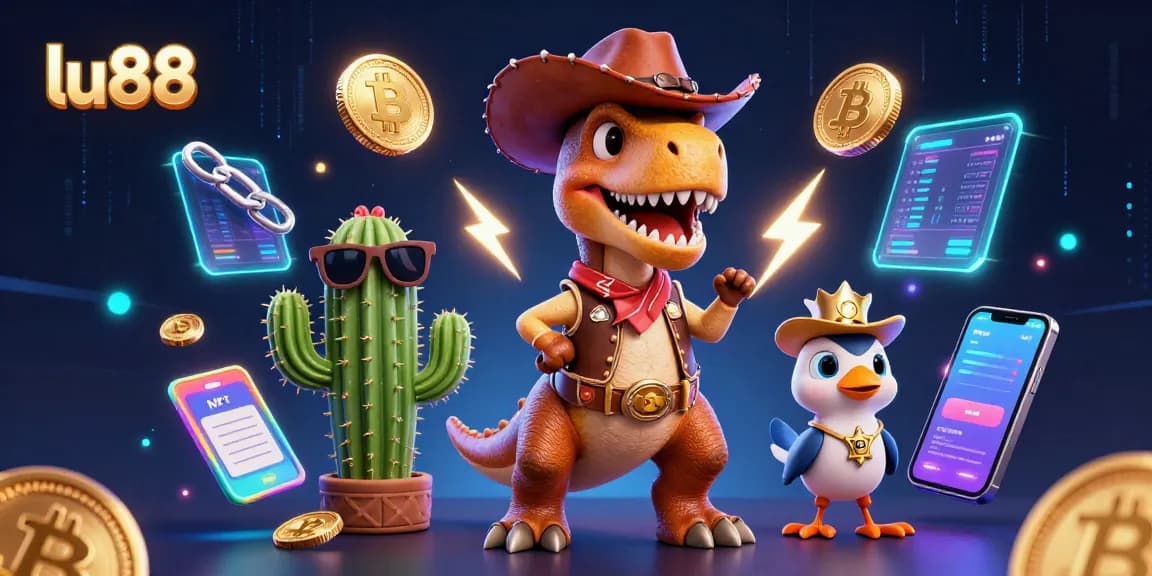 Engage in thrilling gaming adventures with lu88's vibrant casino-themed illustration featuring a cowboy dinosaur.