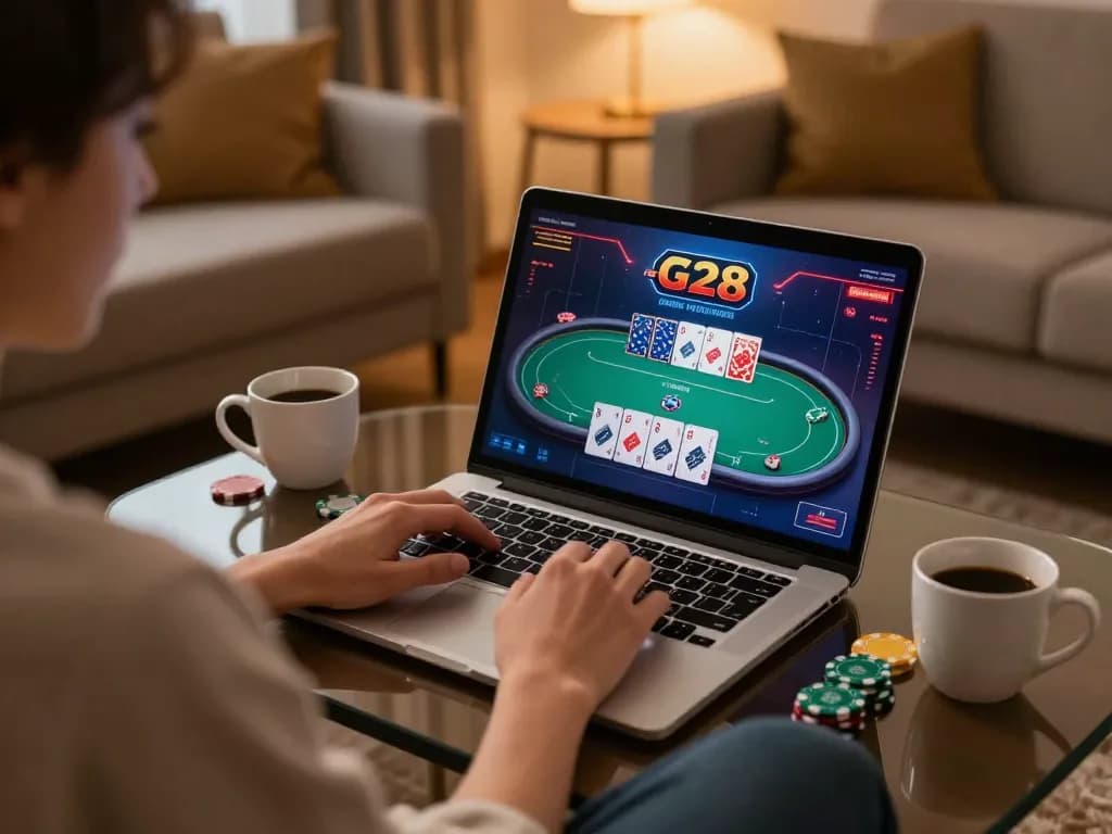 Playing poker on G28 online casino platform with focused strategy at home.