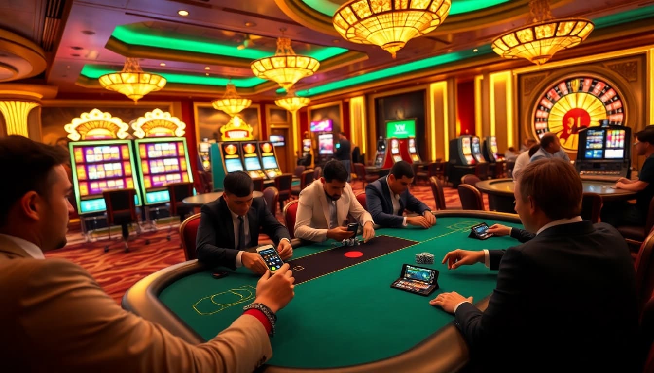 Experience high-stakes poker action at 8XX with colorful machines and vibrant casino decor.