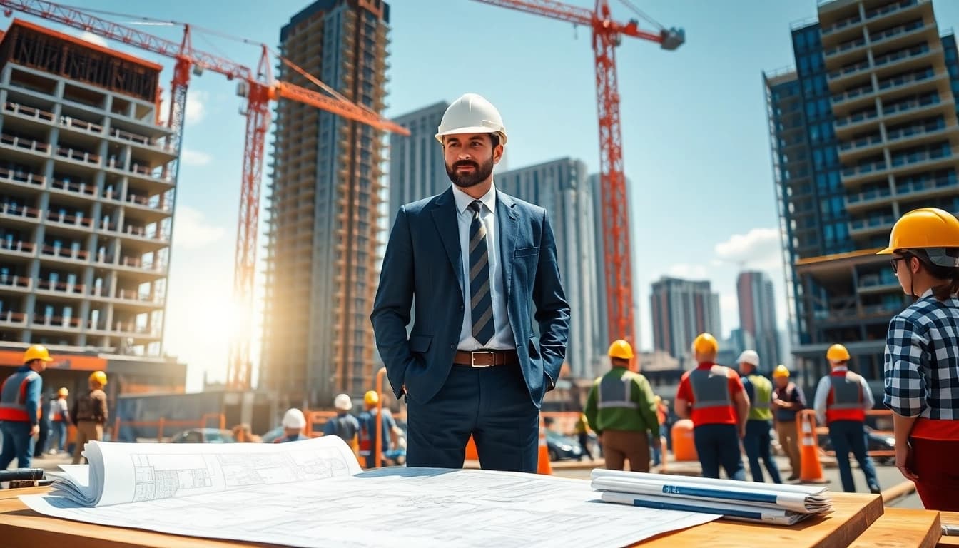 Manhattan Construction Manager directing a construction site with architectural blueprints.