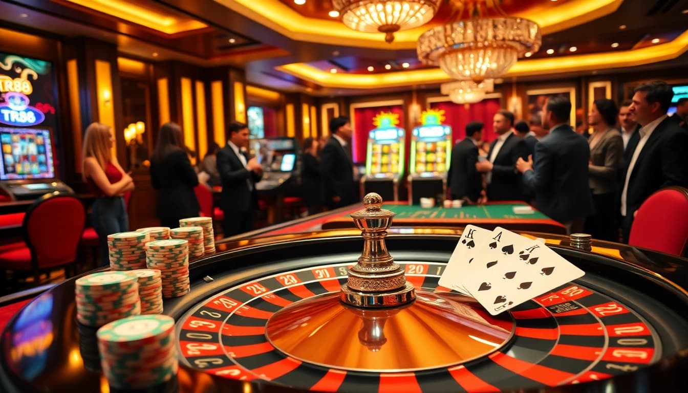 Experience the excitement of TR88 at a luxurious casino with vibrant roulette tables and high-stacked poker chips.