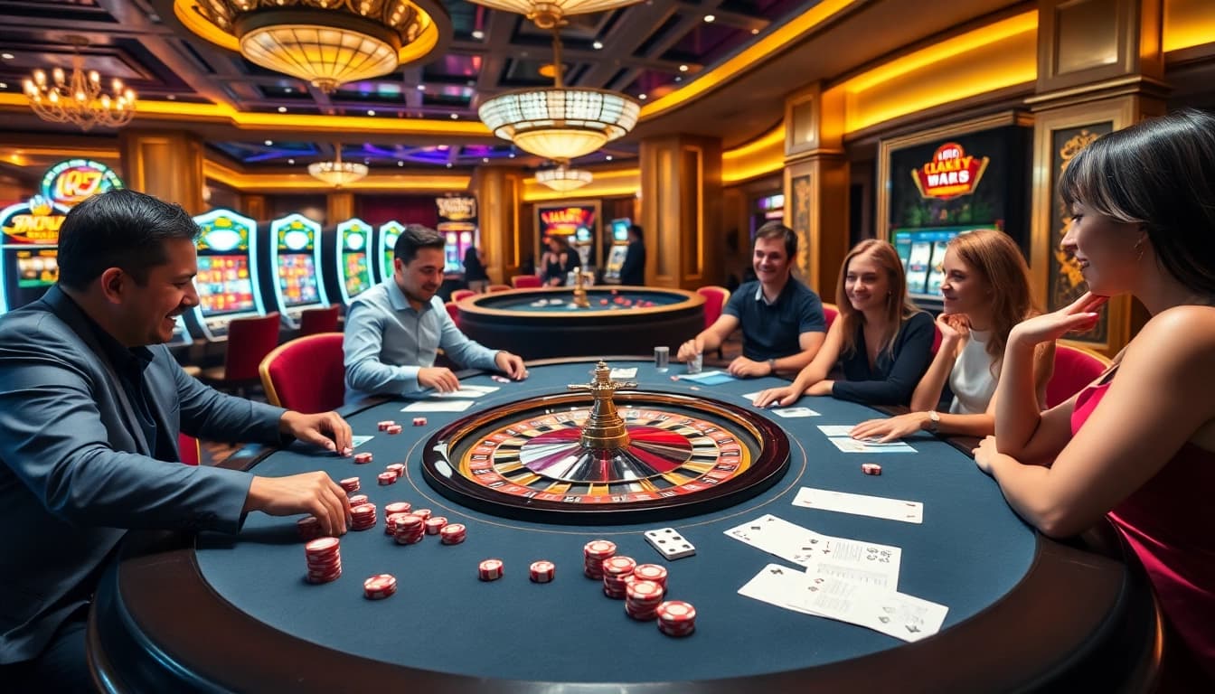 Experience the thrill at LuckyWin casino with players enjoying vibrant roulette and blackjack games.