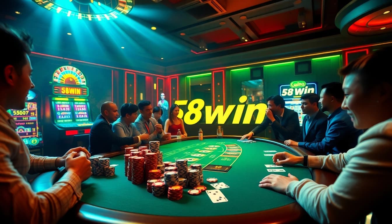 Excited players gamble at a lively 58win poker table with colorful chips and cards.