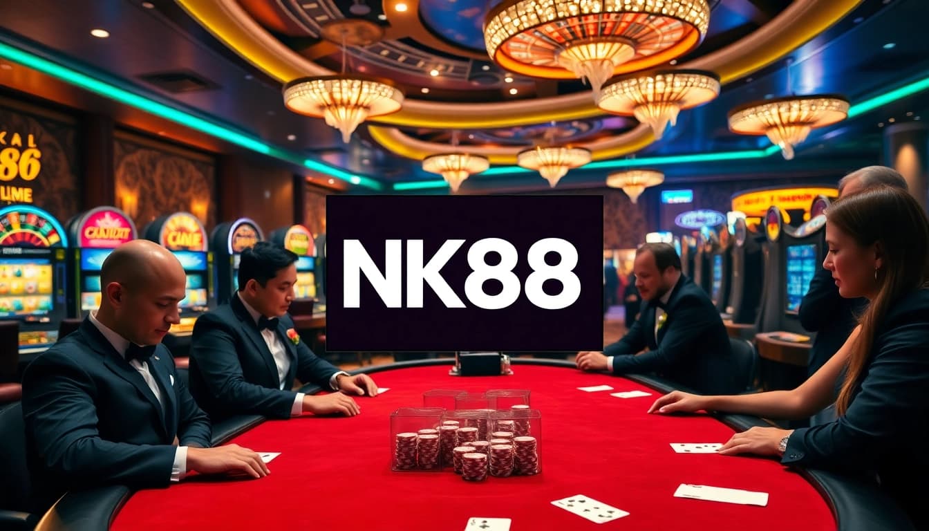 Engaged players at the NK88 poker table, amidst an exciting casino atmosphere.