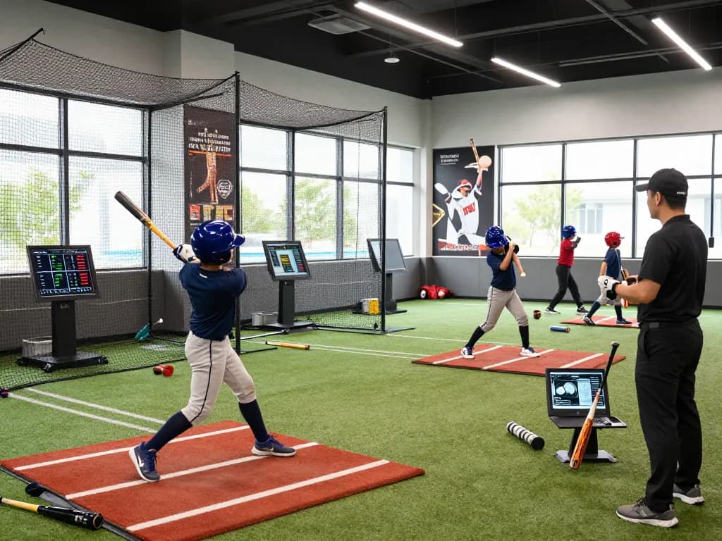 Young athletes engaged in baseball training at Hit Club facilities, showcasing skill development and teamwork.