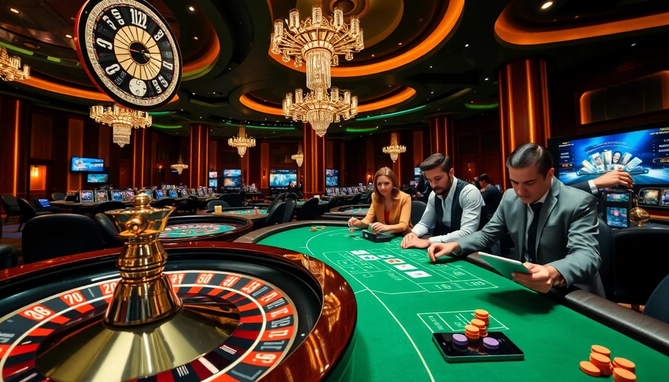 Gambling excitement at ABCVIP casino with poker tables, roulette wheel, and digital interfaces.