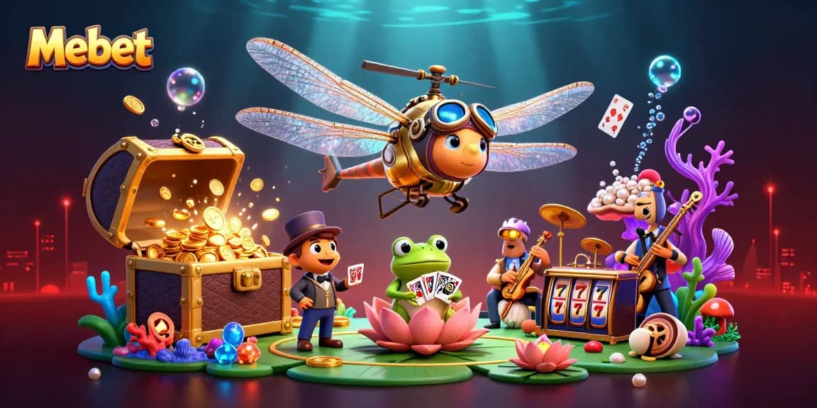 Mebet casino scene with a dragonfly pilot, frog croupier, and jazz musicians enhancing the gaming experience.