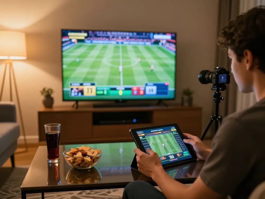 Person placing bets on KKWIN sports app using a tablet in a cozy living room setting