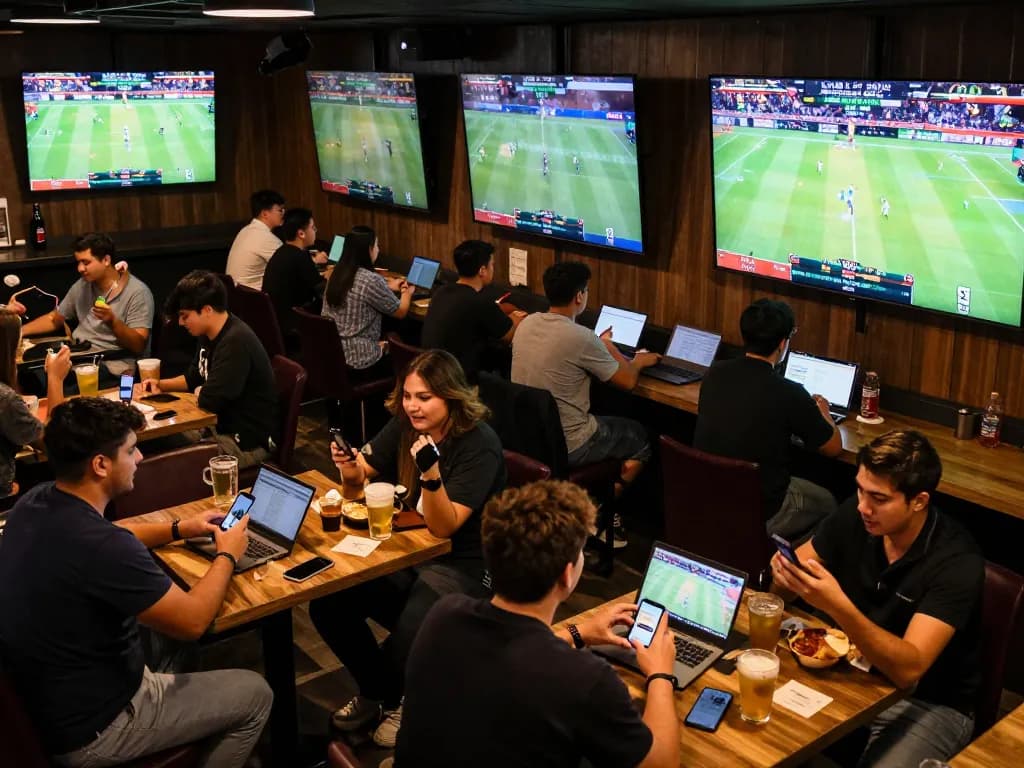 BONG88 patrons engaging in sports betting at a lively bar, screens displaying live matches and excitement visible.