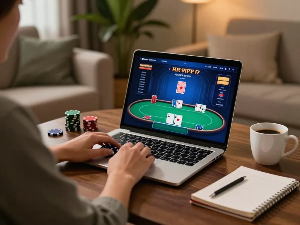 Player analyzing poker strategies on EE88 gaming website from their laptop in a cozy living room.