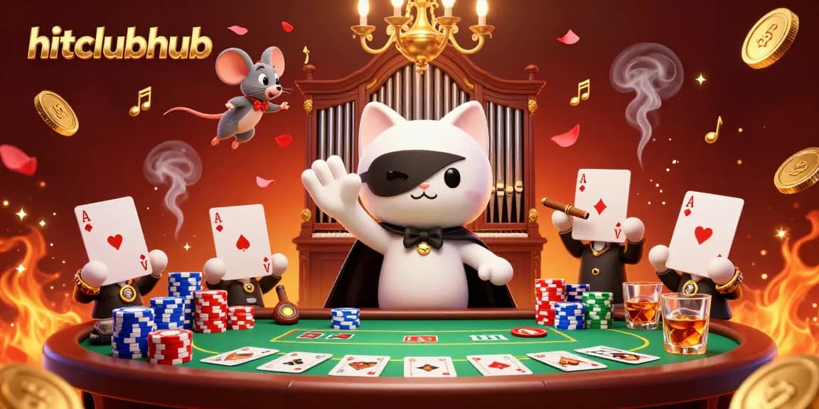 Engage with hitclubhub's vibrant casino atmosphere featuring a phantom cat at a royal poker table.