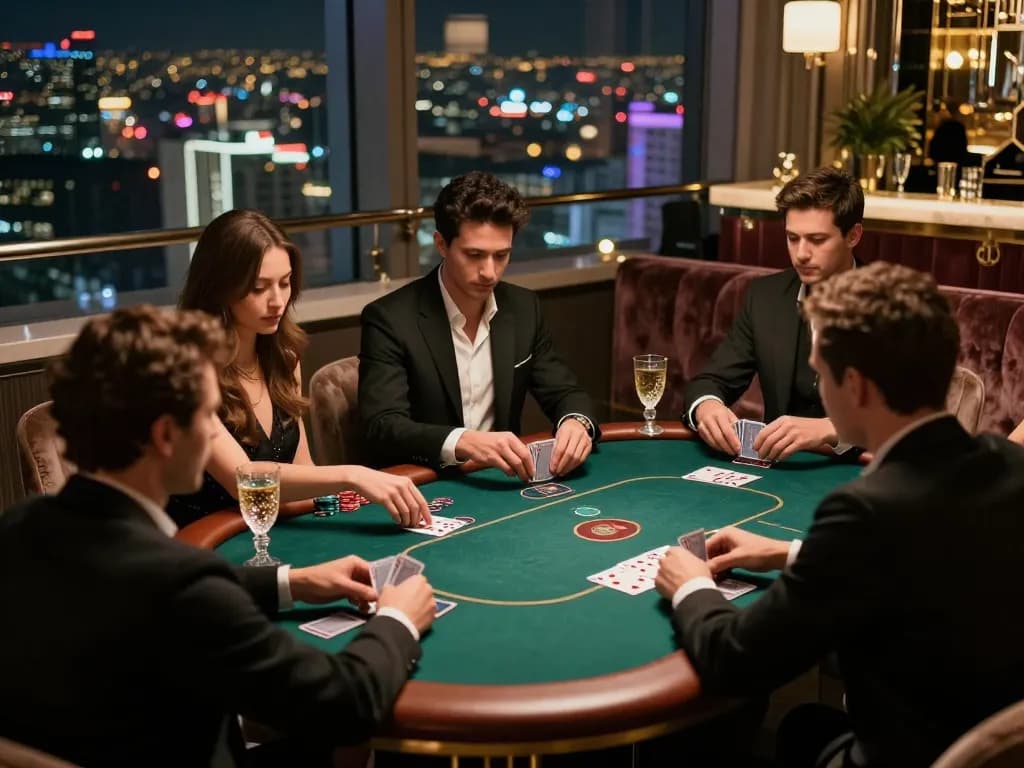 Players strategizing in high-stakes poker at 99OK's luxurious venue with stunning city views.