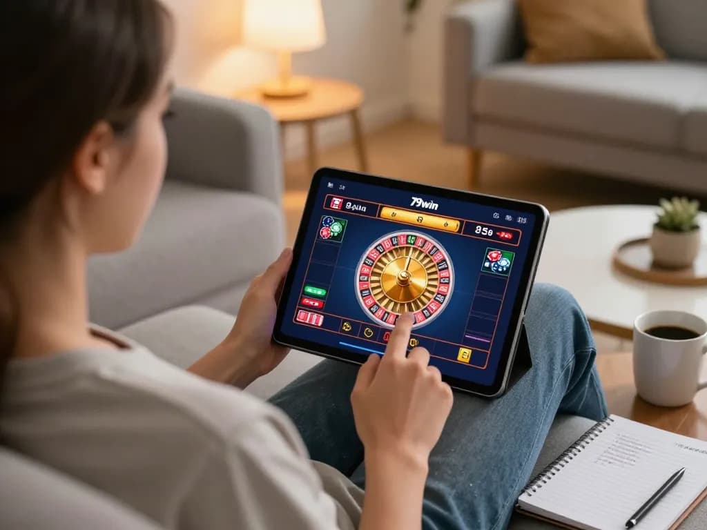 Engaged in a roulette game on 79win, a player enjoys online gambling in a cozy home setting.