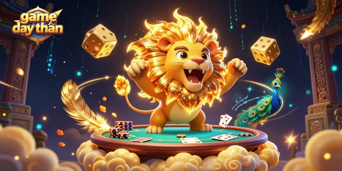 Play thrilling game đổi thưởng with a sun lion, golden dice, and poker elements, showcasing a vibrant casino atmosphere.