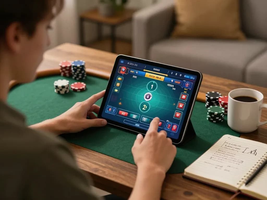 WW88 online gaming session featuring immersive poker gameplay on a tablet with strategic notes nearby.