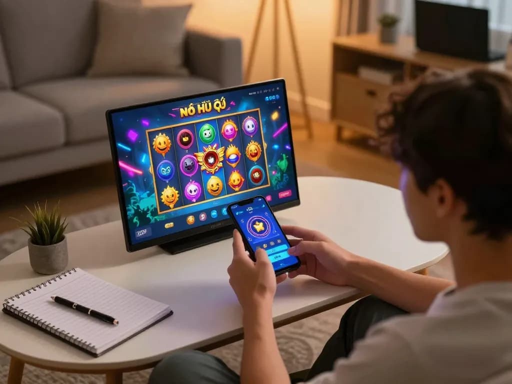 Engaging scene of user playing nổ hũ đổi thưởng on mobile app in stylish living room, highlighting modern gaming atmosphere.