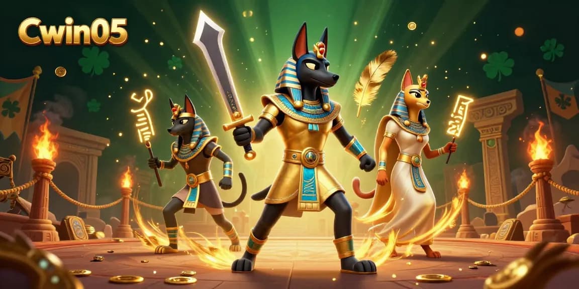 Cwin05 showcases animated scene with Anubis and Bastet in a dynamic casino setting.
