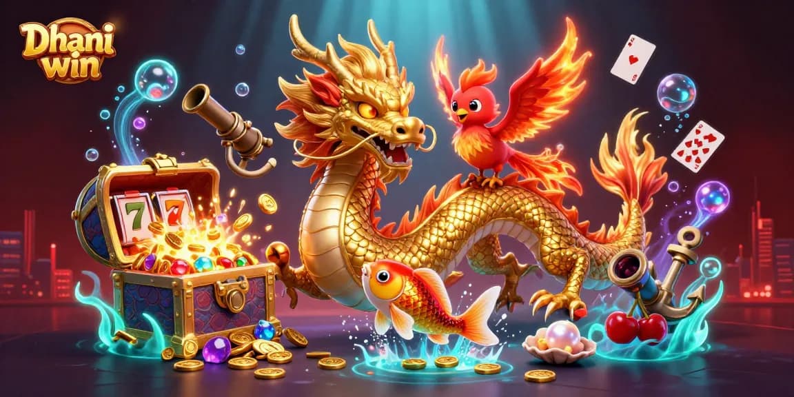 Dhani win showcases exciting winnings with a dragon, phoenix, and koi fish amidst slot reels and treasures.
