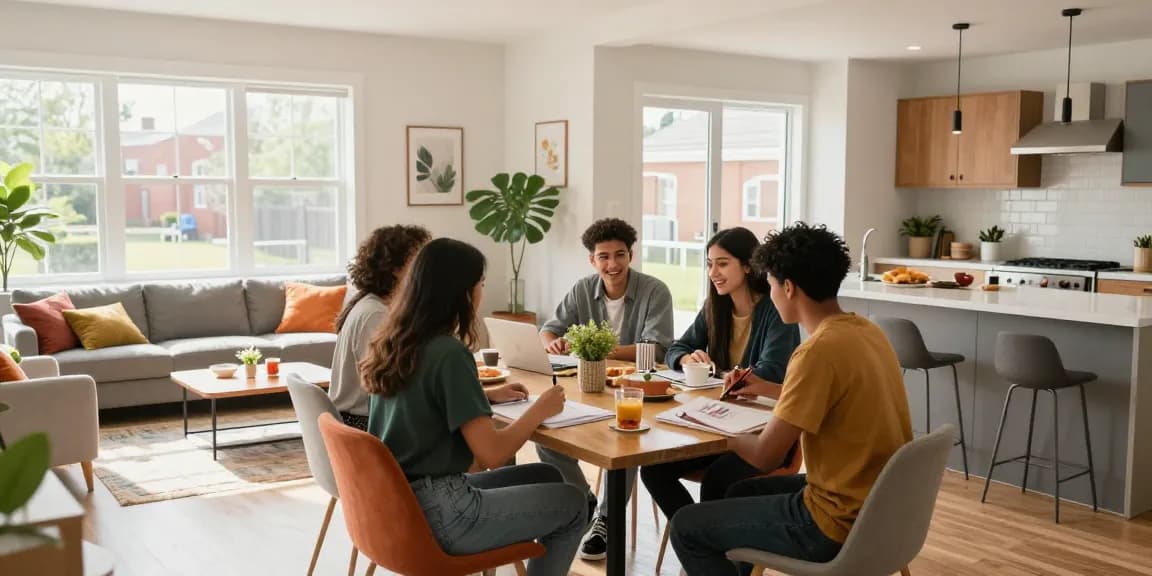 Modern Northampton student accommodation with cheerful students collaborating in a bright living space.