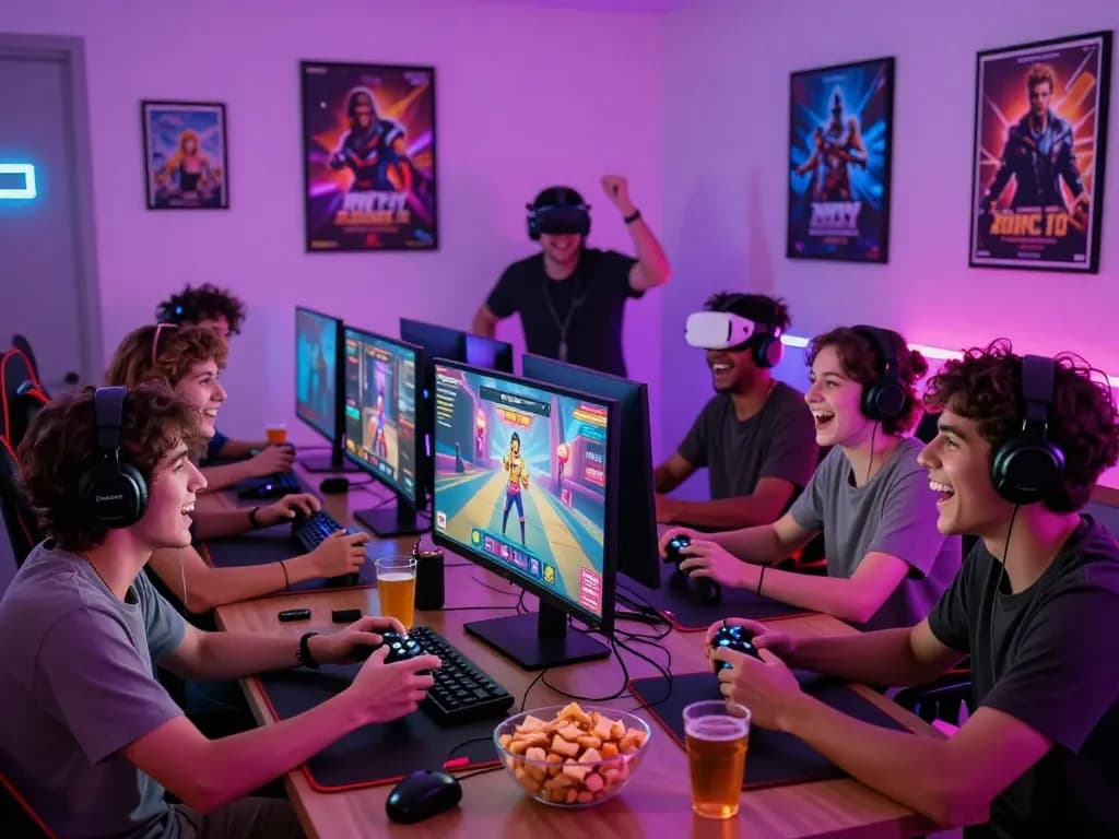 Friends enjoying a lively gaming night playing a sex game with engaging visuals and snacks.