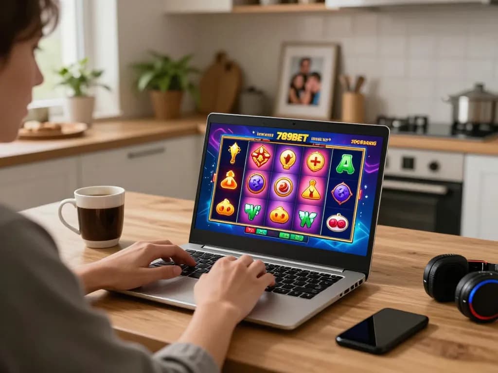 Engaging in online slot gameplay at 789BET home setting.