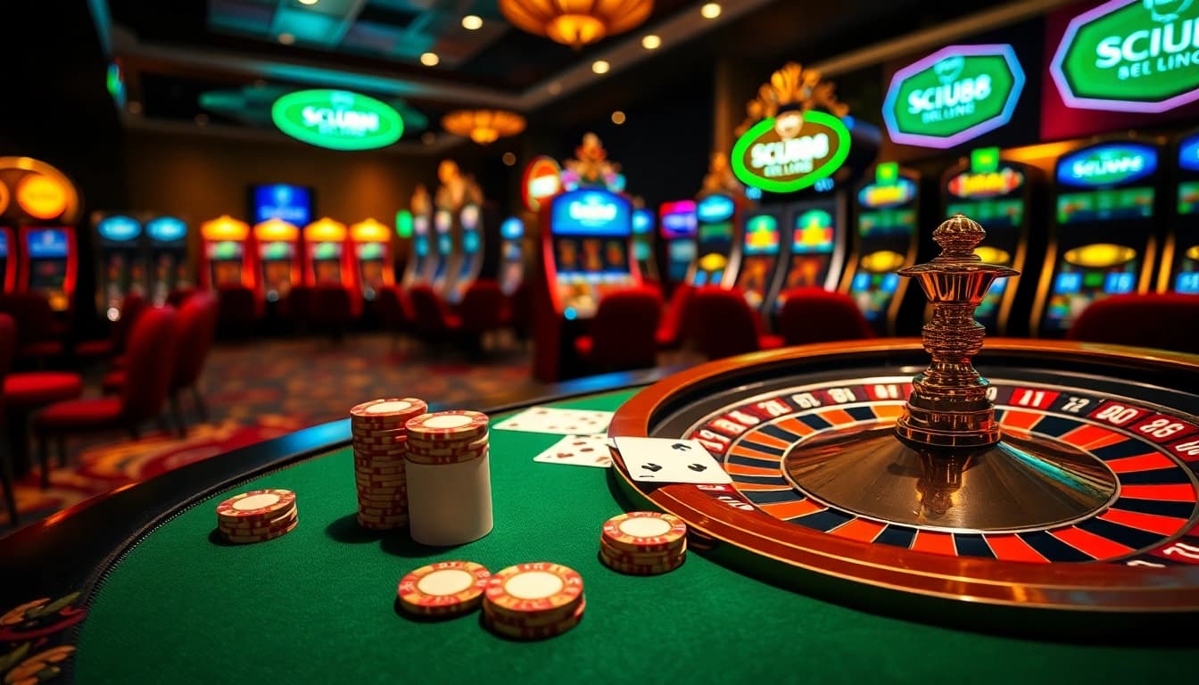 SCLUB88 players enjoying excitement at a luxurious casino with poker and roulette games