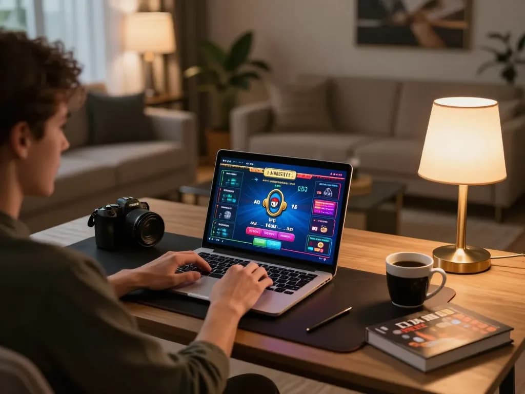 Person engaging in online gaming at TR88 with poker interface, cozy home atmosphere.