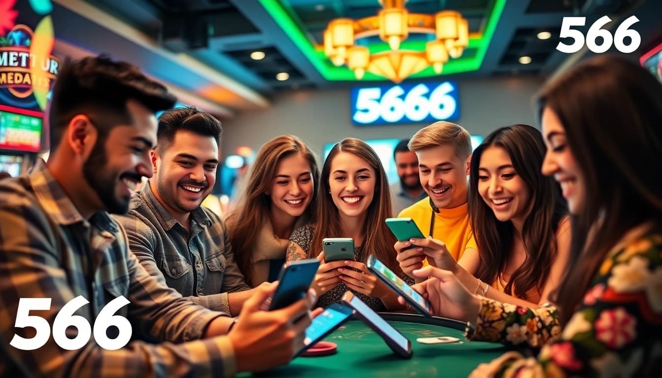 Engaged players enjoying the interactive gaming experience at 566, featuring modern devices and vibrant casino elements.