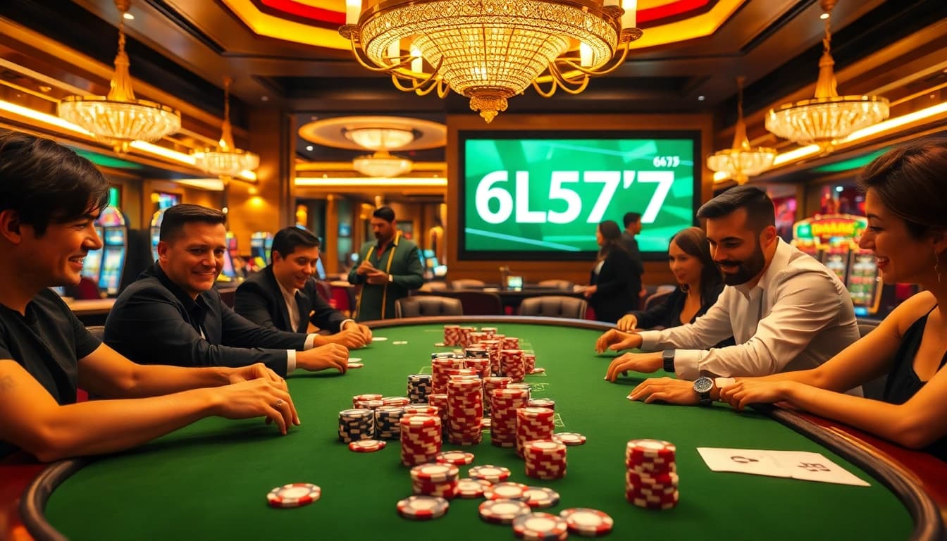 Engaging poker action at an upscale casino table featuring 6L777 chips and players.