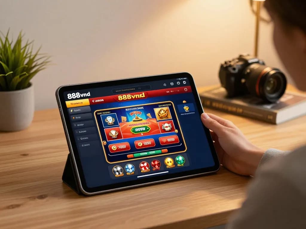 Engaging with the 888vnd casino app on a tablet, showcasing online gambling excitement.