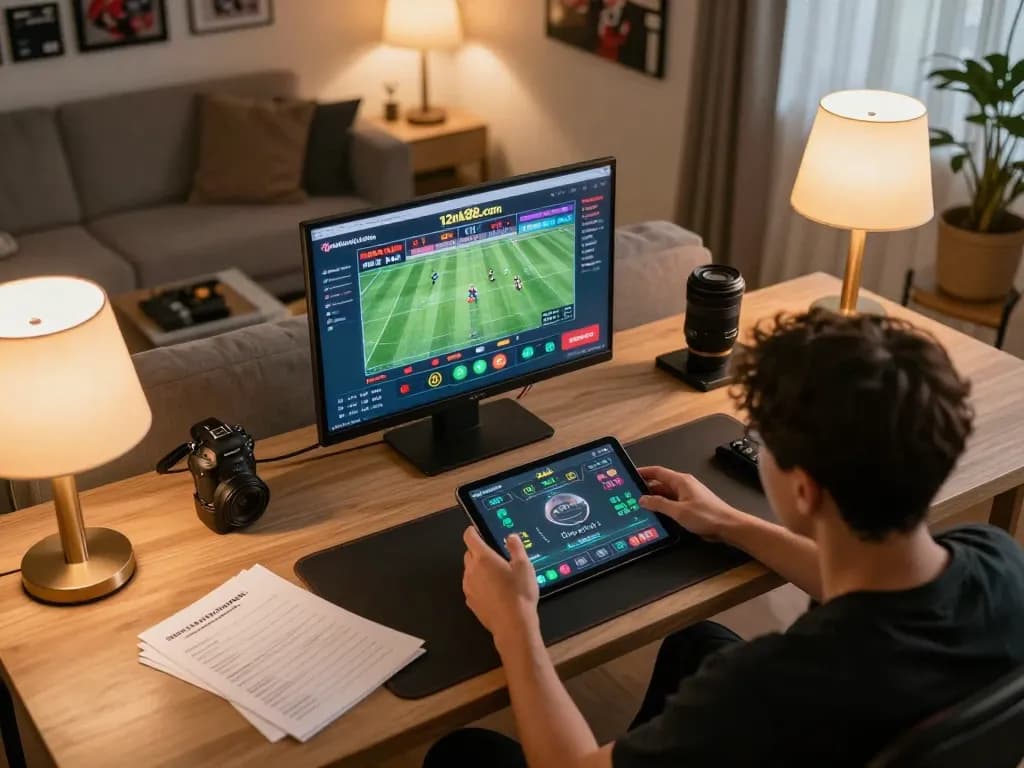 Person confidently betting on 12nk88.com from a stylish home gaming setup, emphasizing strategic offline management.