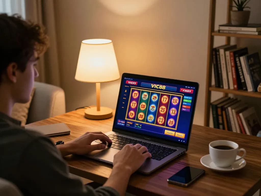 Engaging with VIC88's online slots while enjoying a cozy home setup.