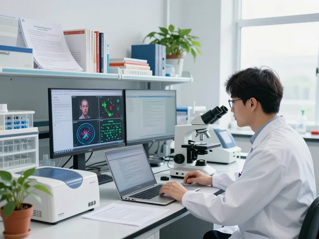 Scientist at https://nddo.org analyzing neurodegenerative disease data in modern laboratory.