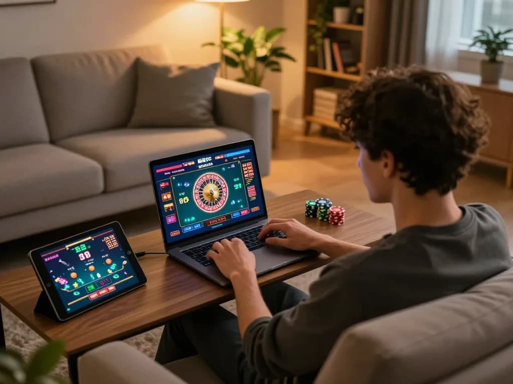 Engaged player enjoying the 88fc online casino games on a laptop in a cozy home setting.