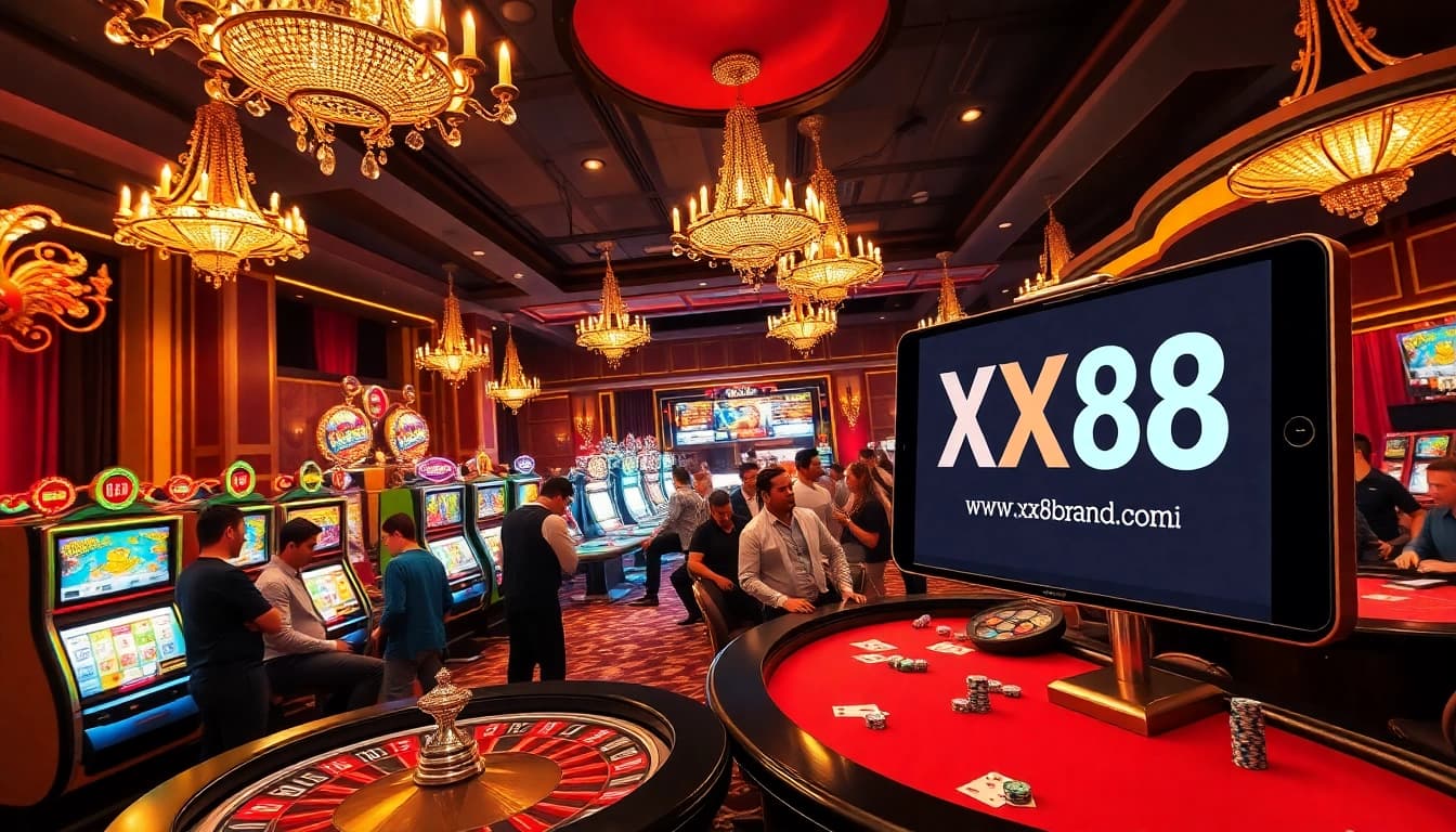 Experience the lively atmosphere of a casino at https://xx88brand.com/ with vibrant games, players engaged in action, and luxury decor.