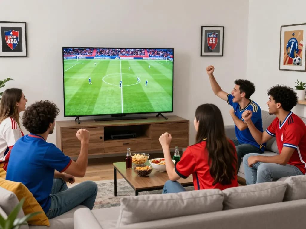 Friends enjoying live soccer match from https://cakhiatv.design/ in a lively living room setting.