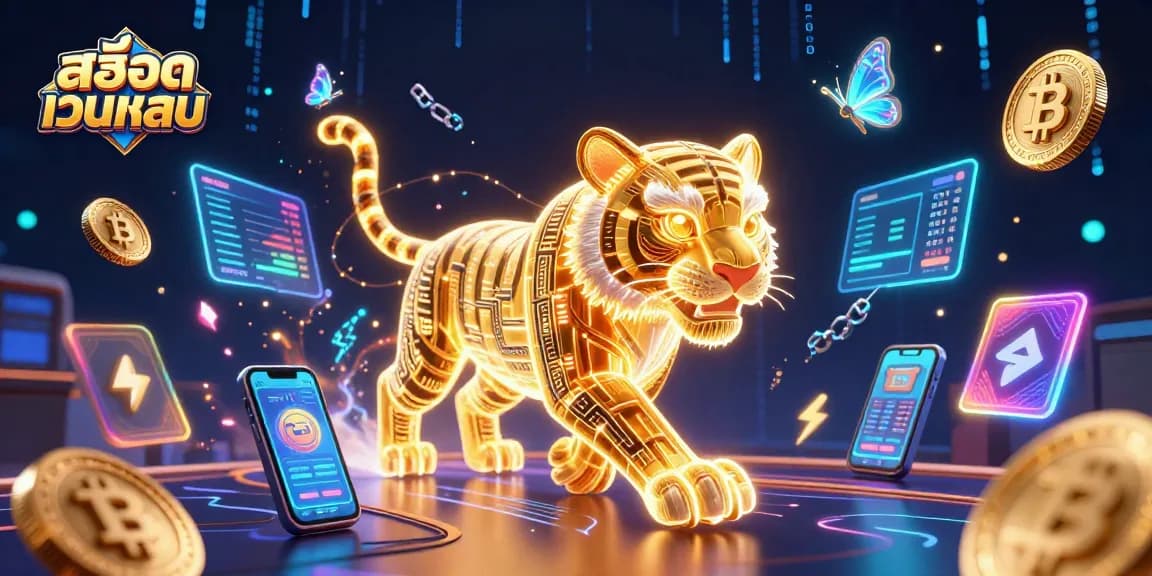 Play สล็อตเว็บตรง with a dazzling golden tiger in a vibrant digital casino landscape.