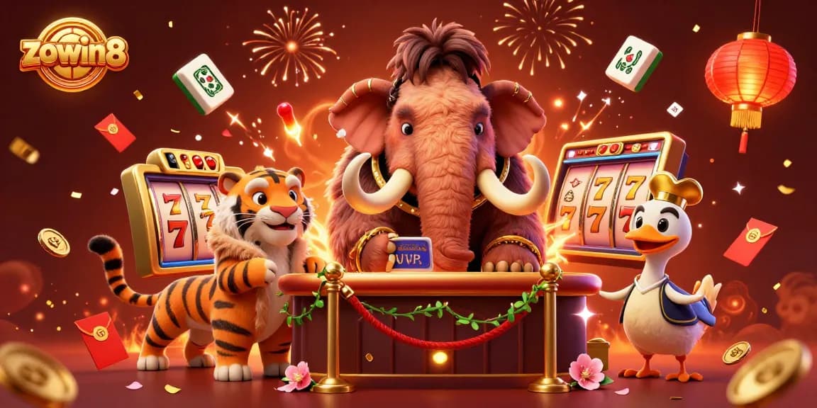 Engaging scene showcasing zowin8 with a mammoth bouncer and vibrant slot machine elements