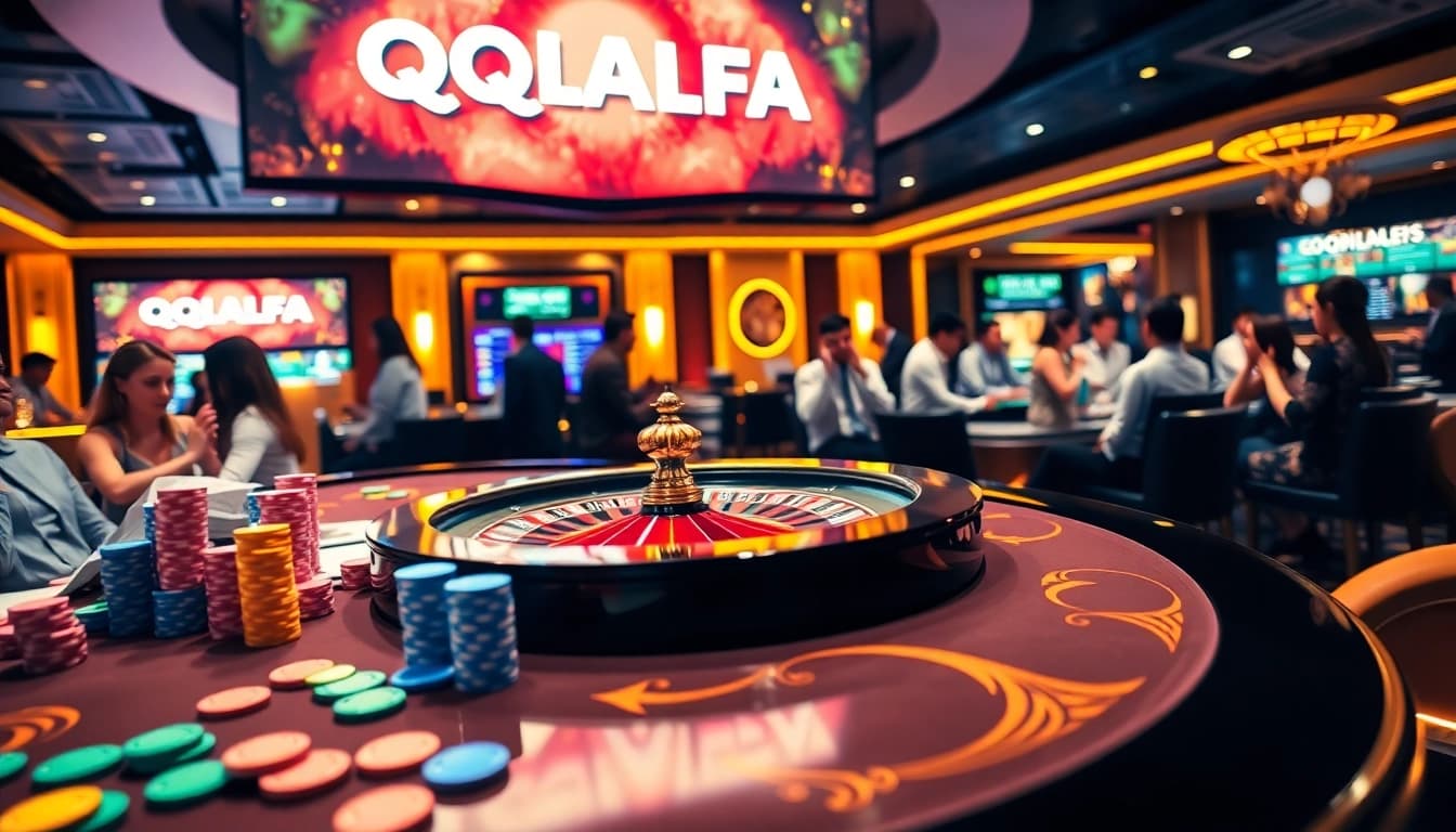Engaging players at a luxurious QQALFA casino table with vibrant poker chips and excitement.