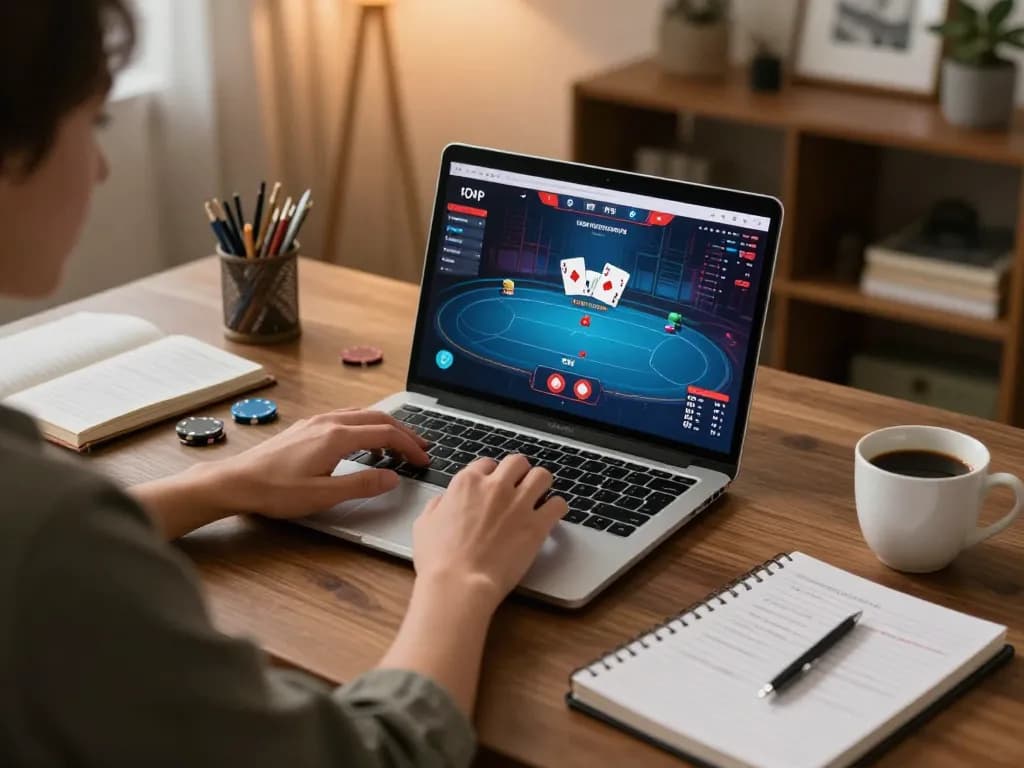 Engaged user playing poker on LLWIN's online platform in a cozy home office.