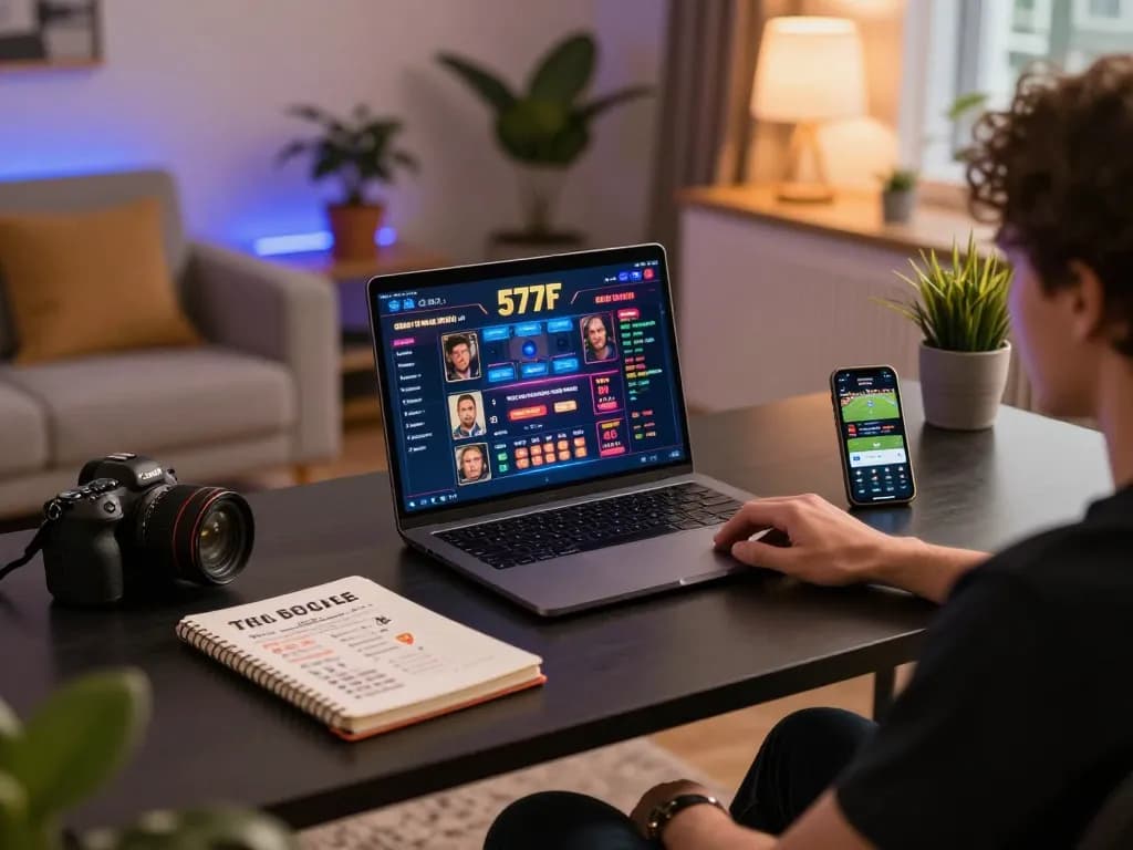 Engaged user exploring 577F online casino on laptop for strategic gaming.