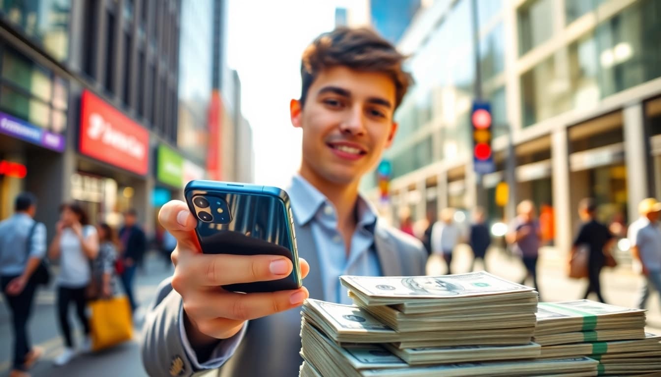 Sell Your Phone Instant Cash transaction featuring a young adult and money exchange in an urban setting.