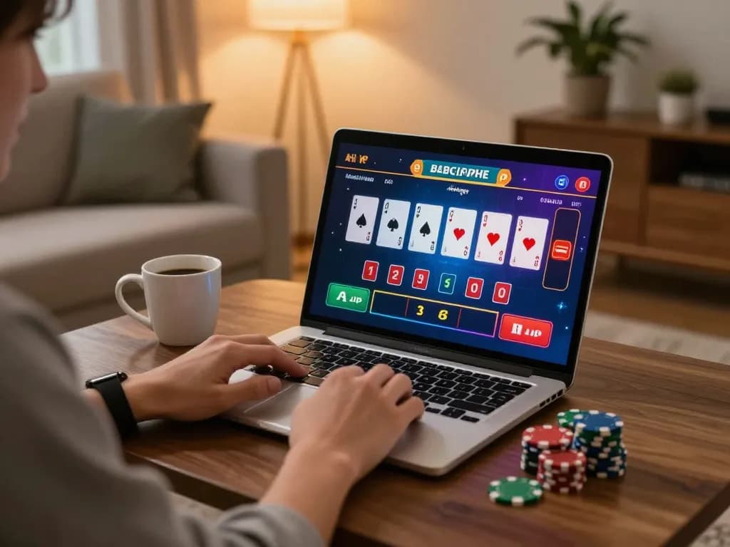 Luck8 player engaging in live dealer baccarat on a laptop, showing vibrant gaming interface.