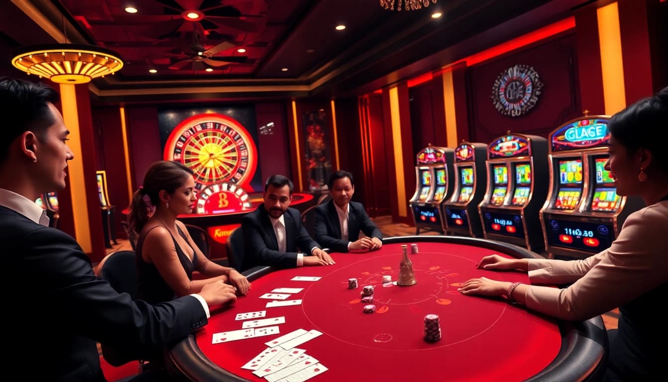 Engaging poker scene at nhà cái kim88 with elegant players and luxury casino elements.