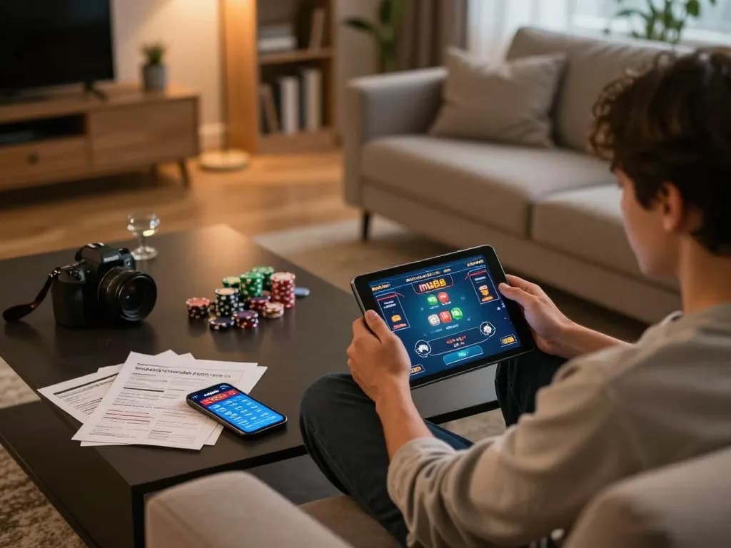 Player enjoying online poker on the mu88 app in a cozy home setup