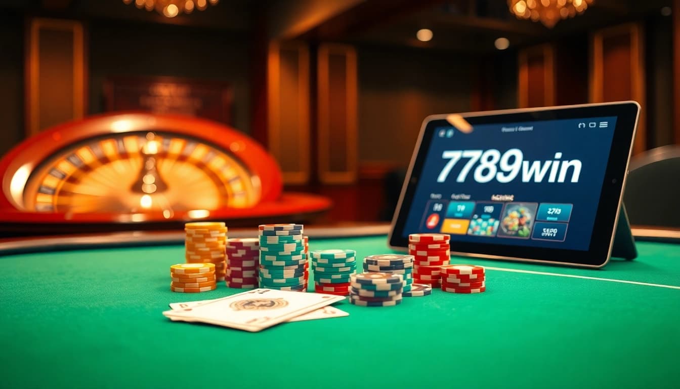 Players engaged in an exciting poker game at 789win's deluxe casino table, showcasing vibrant chips and cards.