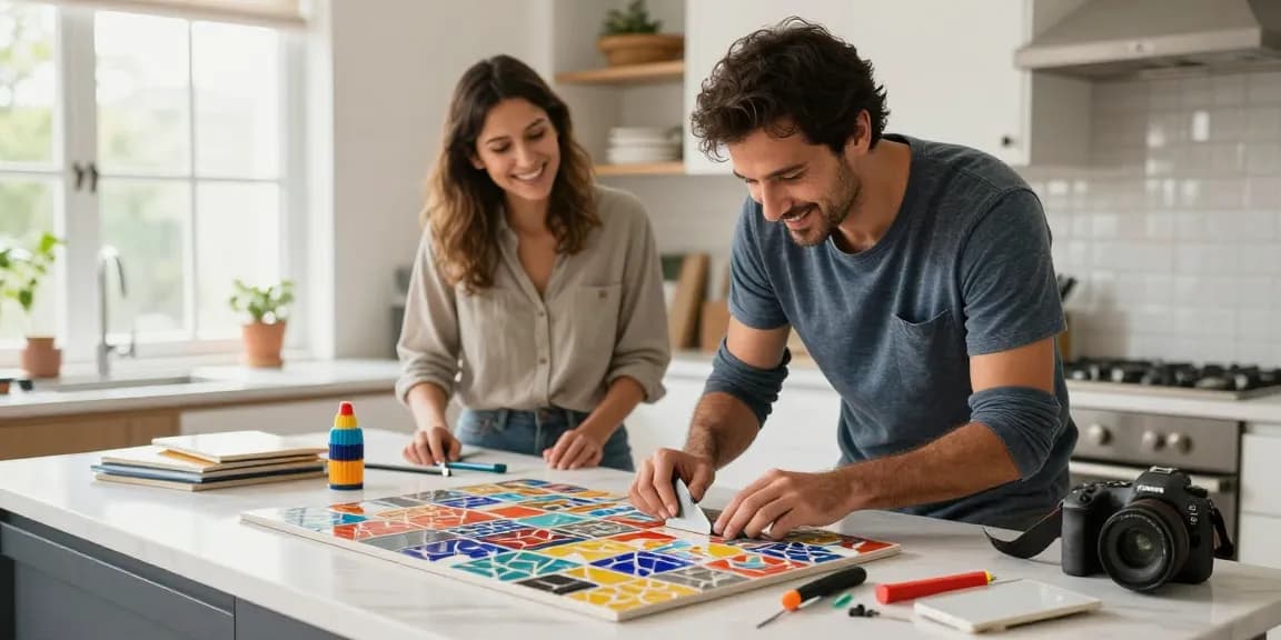 تركيب سيراميك باكستاني في مطبخ حديث، يظهر معلم سيراميك باكستاني بمهارة.