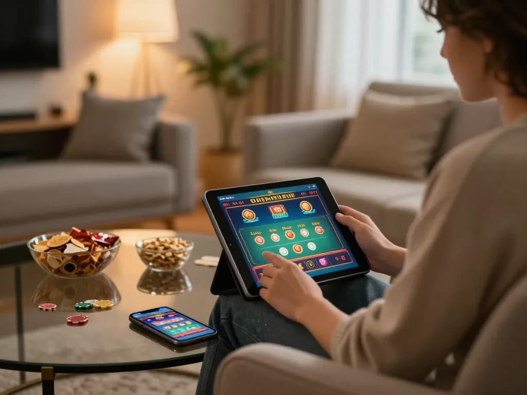 Player enjoying online casino games on tablet in cozy home setting, nk88 app visible on smartphone.