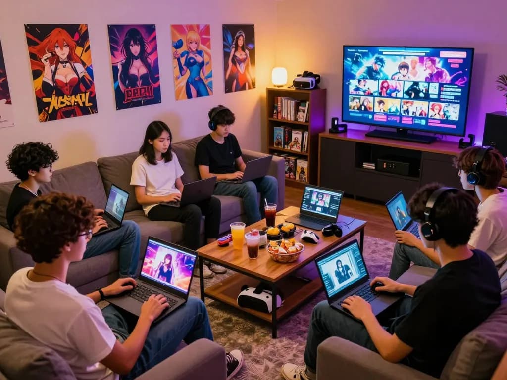 Friends enjoying various porn games on laptops and tablets in a cozy lounge setting.