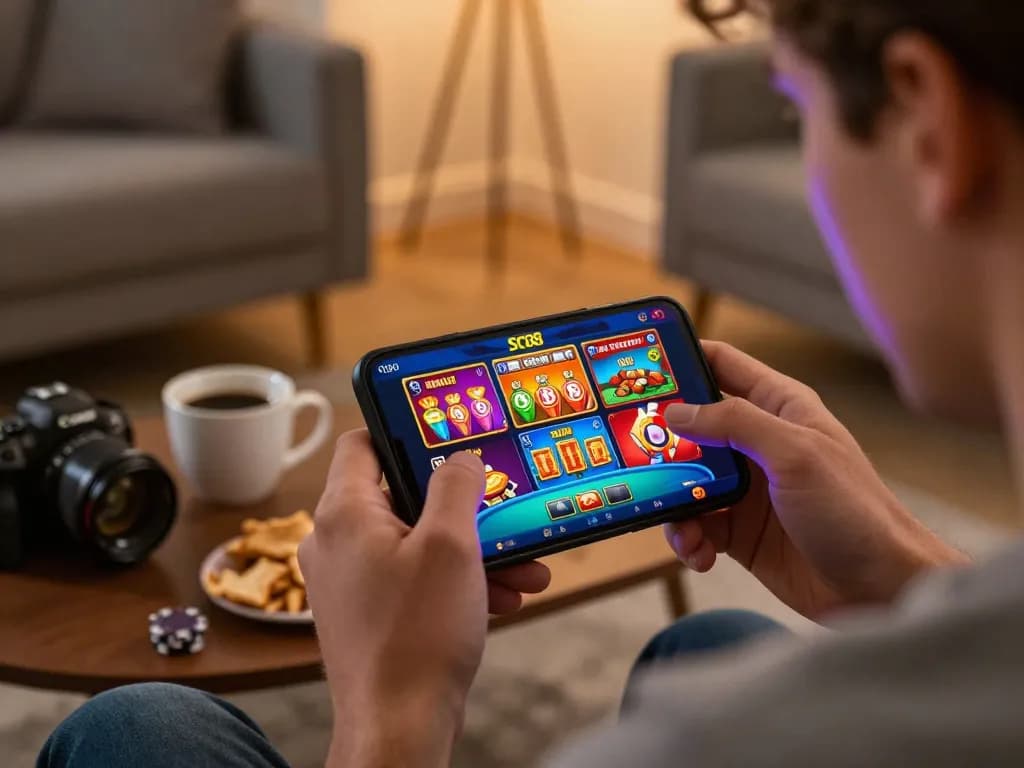 Engaging player exploring SC88 casino mobile app with intense focus, showcasing responsible gaming atmosphere.